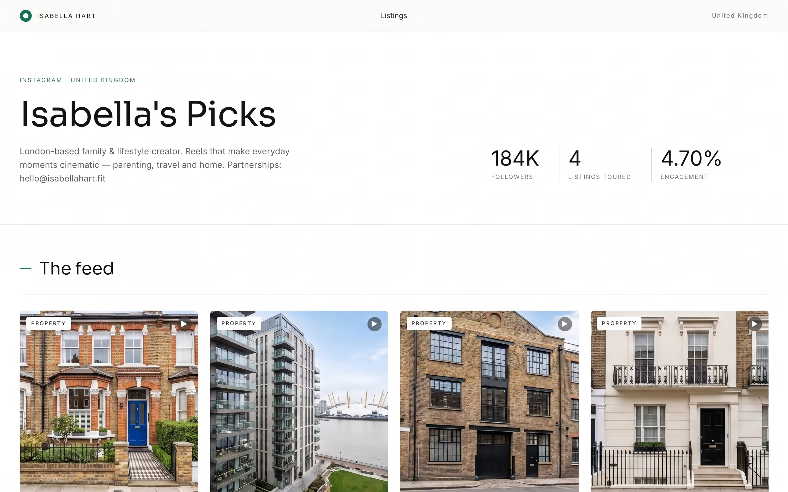 A Pro Real Estate skin: a creator's public profile as an editorial storefront with a feed of property recommendations